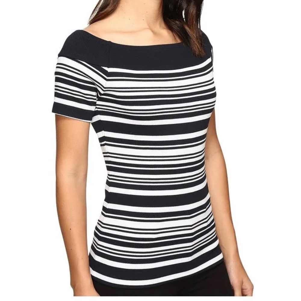 MICHAEL KORS NAVY/WHITE STRIPED TEXTURED PIQUE OFF THE SHOULDER TOP SzM